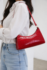 Red Croc Embossed Shoulder Bag – Glossy Baguette Purse for Women