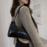 Black Croc Embossed Shoulder Bag – Elegant Patent Leather Baguette Purse