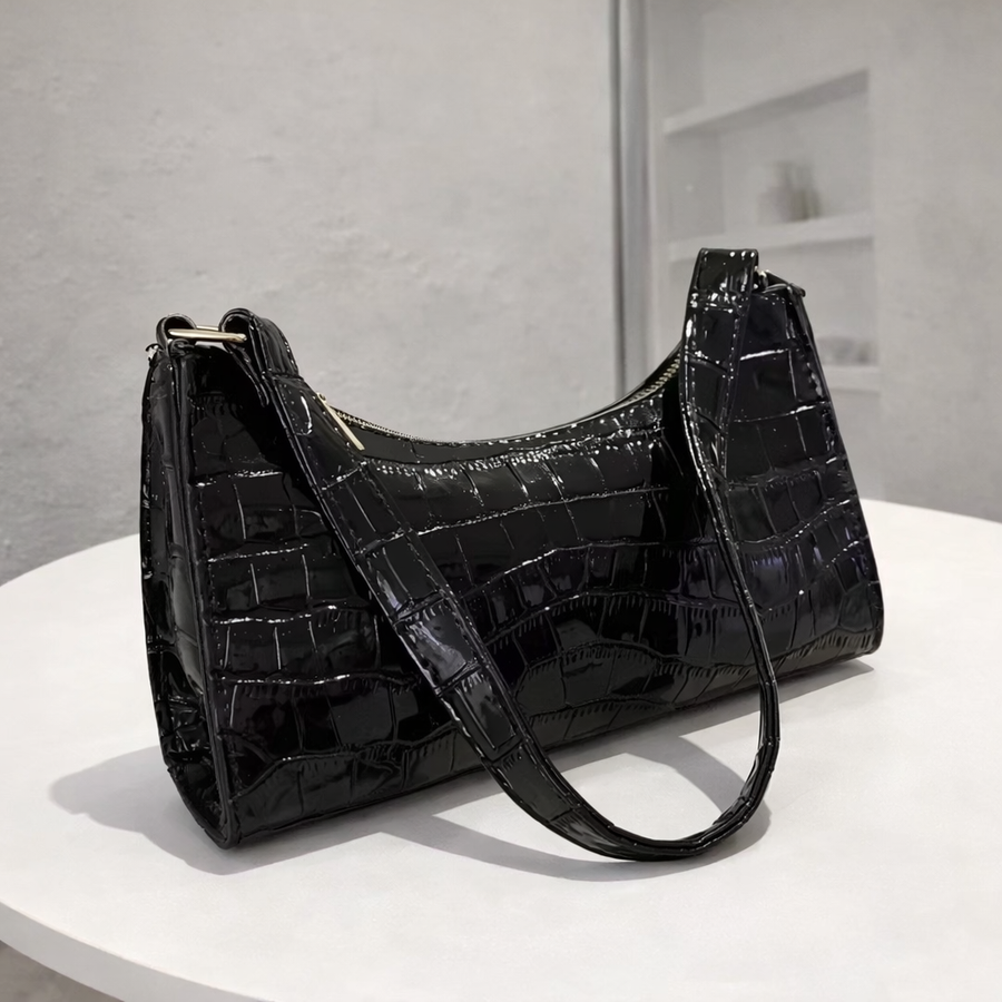 Black Croc Embossed Shoulder Bag – Elegant Patent Leather Baguette Purse