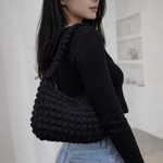 Black Waffle Knit Shoulder Bag – Soft Textured Casual Hobo Purse