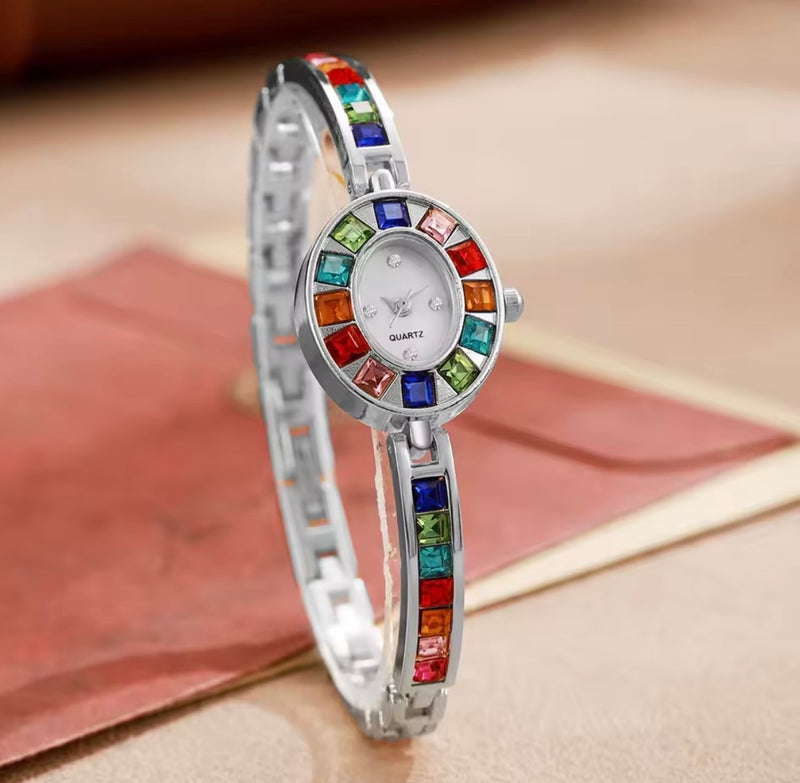 Rainbow Crystal Women's Bracelet Watch – Elegant Silver Quartz Bangle Watch