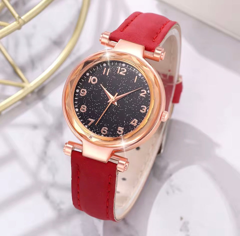 Elegant Red Strap Women's Watch – Rose Gold Case Starry Dial Fashion Wrist Watch