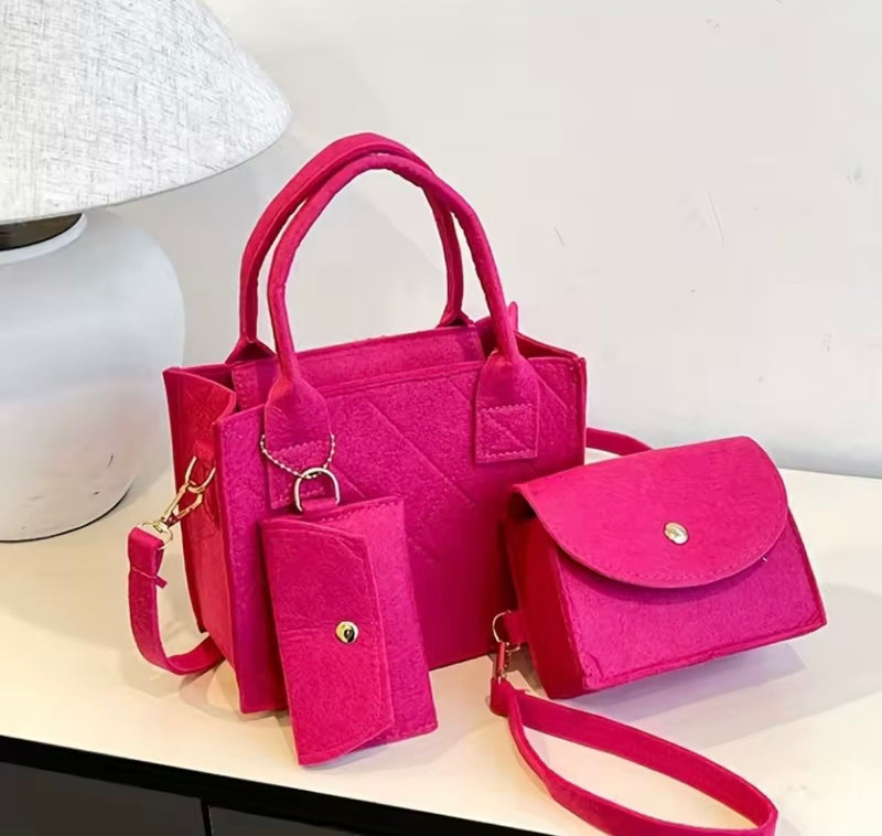 Piece Pink Felt Handbag Set – Women’s Mini Tote Bag with Wallet & Pouch