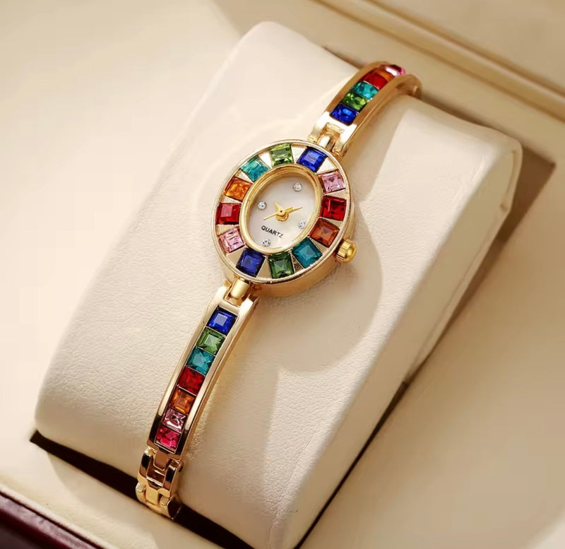Rainbow Crystal Gold Women's Bracelet Watch – Elegant Quartz Bangle Watch
