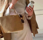 Straw Woven Tote Bag – Summer Beach Handbag with Canvas Handles